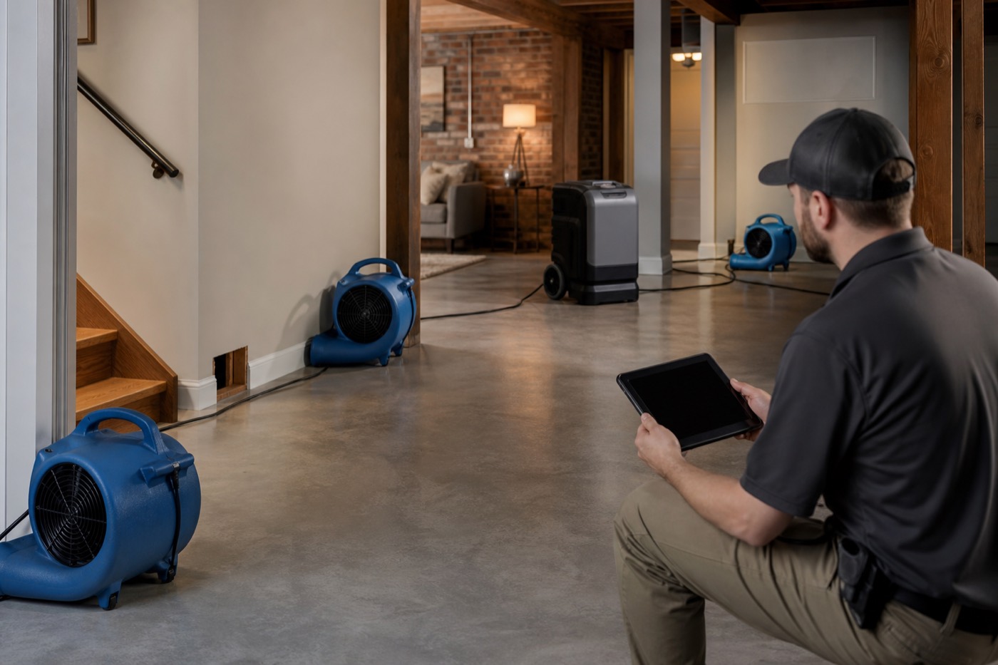 Illustrative organized drying zone in a residential lower level