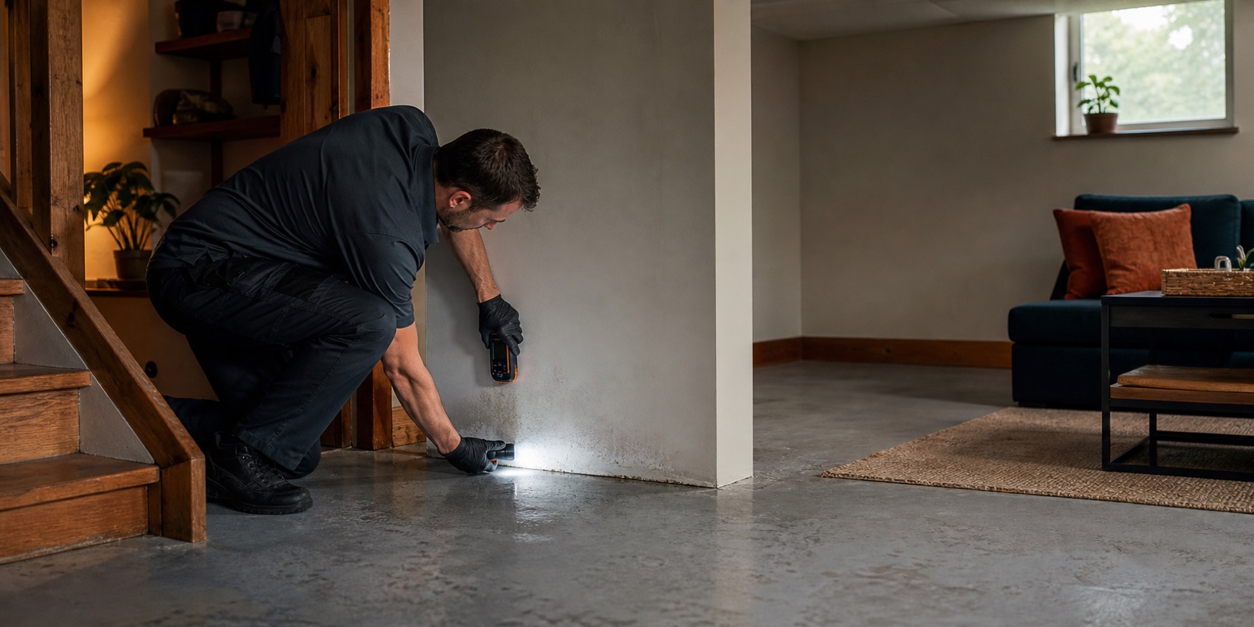 Water-damage technician checking moisture at a wall base in a Grand Rapids property